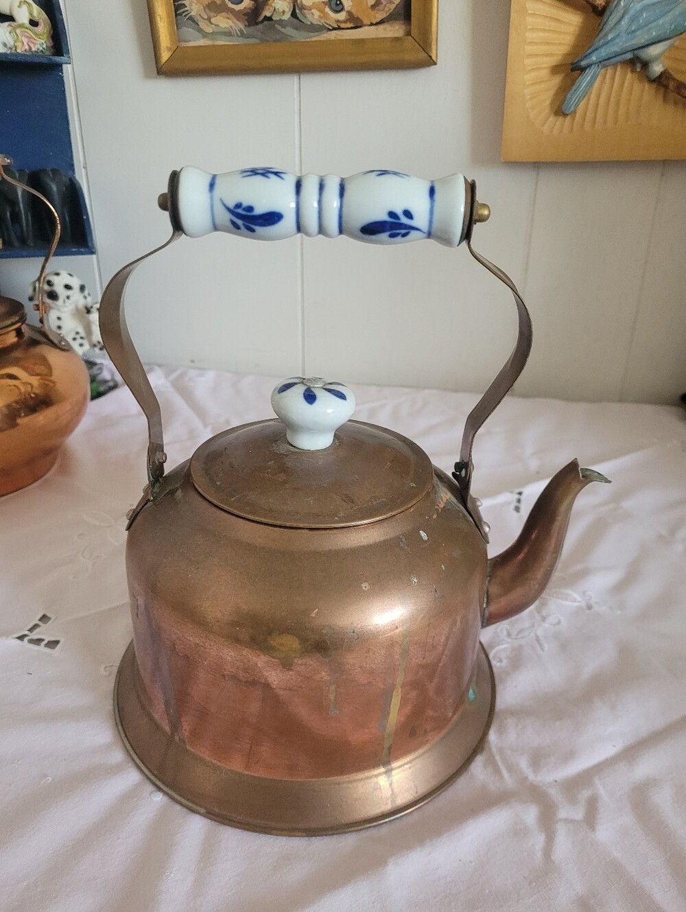 Vintage Copper Teakettle with White & Blue Porcelain Handle - Picture 7 of 13